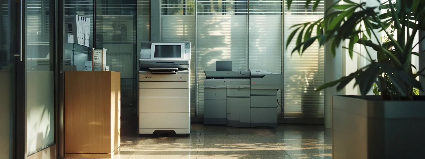 a sleek sharp mx-m7570 copier standing next to the powerful sharp bp-70c65, showcasing cutting-edge technology for medium to large enterprises.