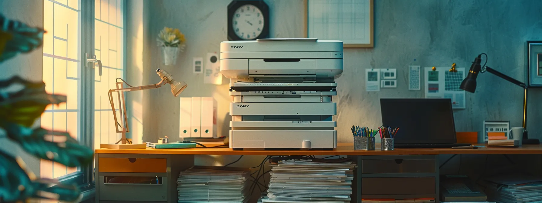 a modern sharp copier, sleek and energy-efficient, surrounded by a stack of neatly organized recycled paper and a refillable toner cartridge, symbolizing sustainability and reduced carbon footprint.