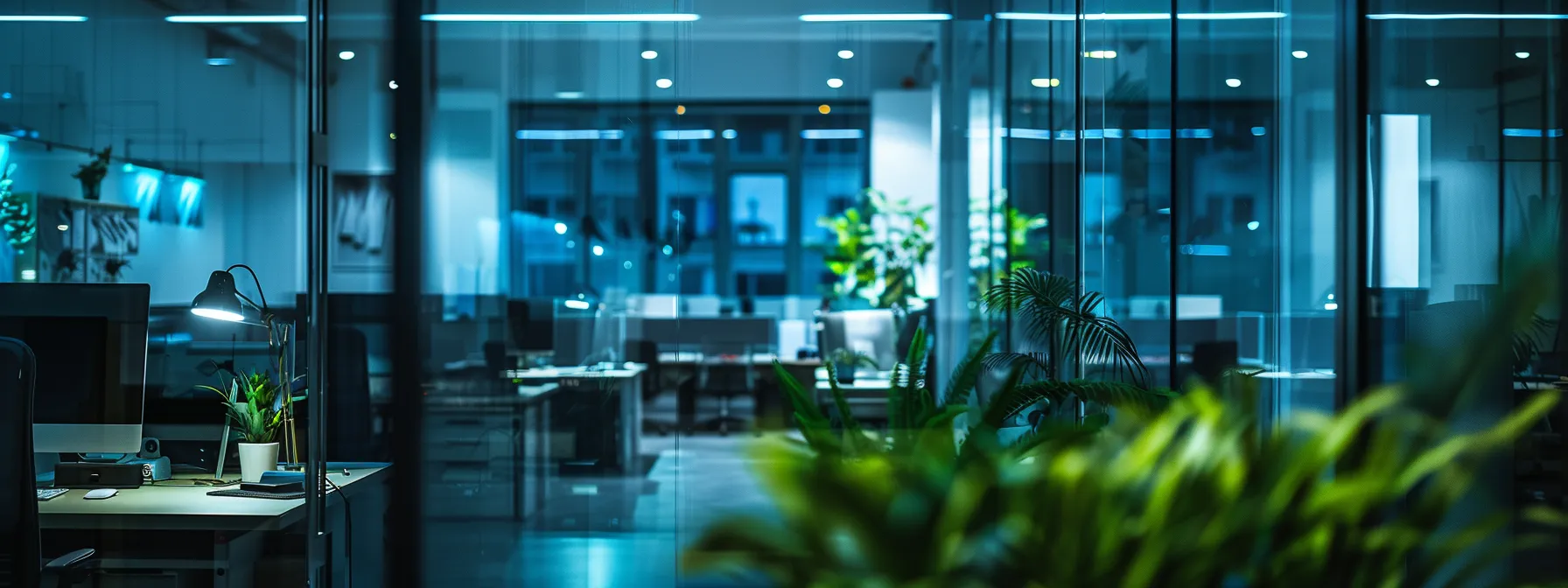 a modern office illuminated by bright led lighting with energy-efficient devices and appliances in use, promoting a green and sustainable environment.