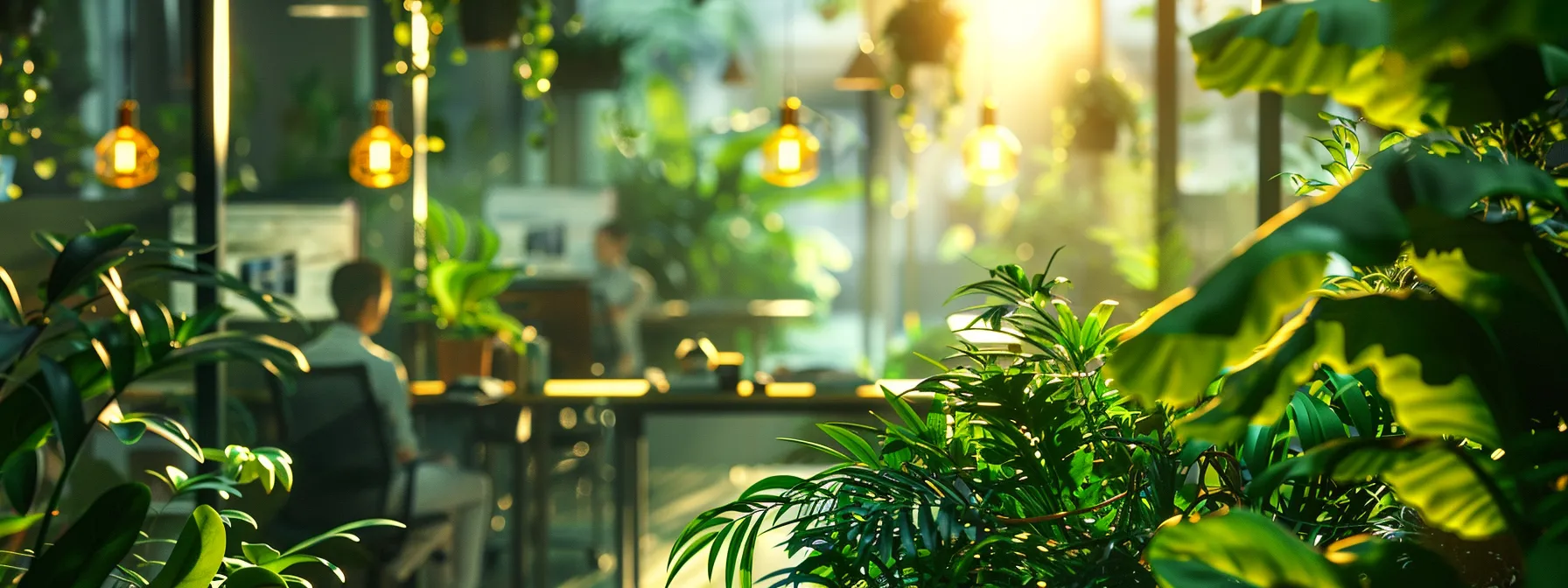 an office filled with lush green plants, eco-friendly recyclable materials, and employees riding bikes to work, promoting a sustainable and environmentally conscious workplace environment.