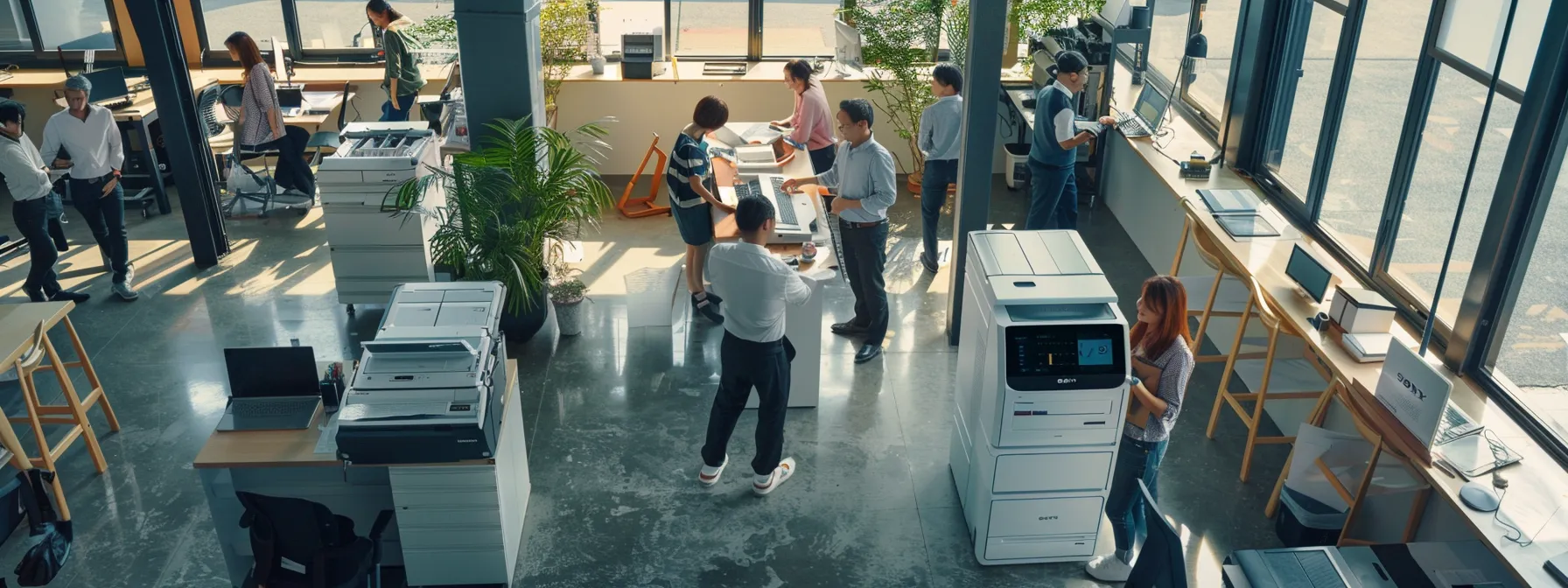 a bustling office floor with employees gathered around a state-of-the-art sharp mx series multifunction printer, showcasing efficient productivity and cost-saving benefits.