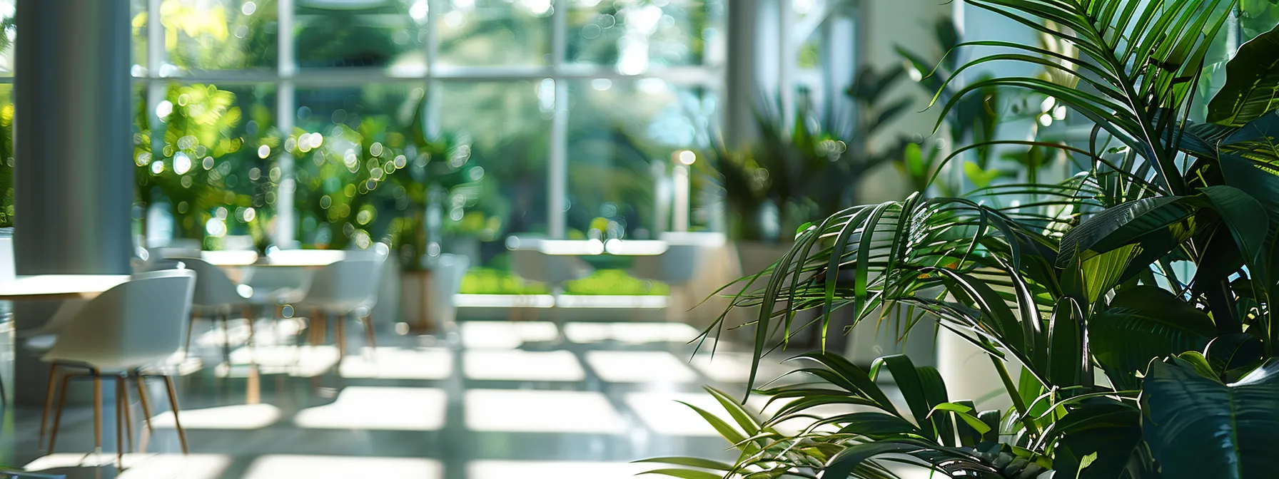 an office space adorned with sleek, energy-efficient technology, surrounded by lush green plants and natural light streaming in through large windows.