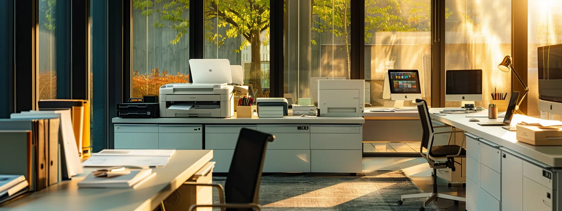 a sleek, modern office setup with a sharp mx series printer seamlessly integrated with office software, showcasing personalized shortcuts and profiles for efficient workflow customization.