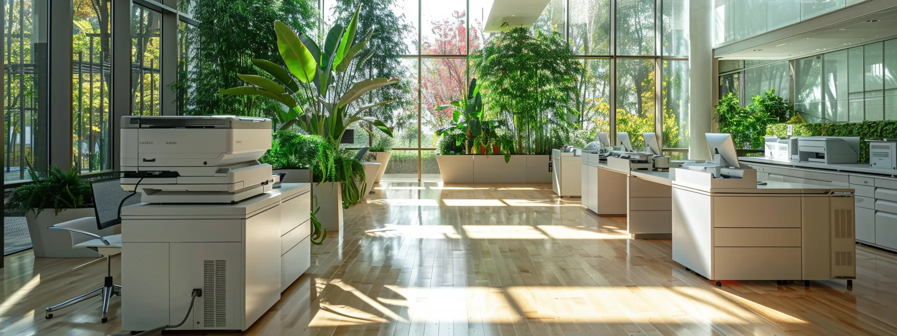 a modern office with sleek, eco-friendly sharp copiers, surrounded by green plants and natural light filtering in through large windows.