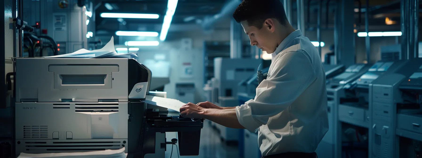 a technician conducting routine maintenance on a sharp mx series multifunction printer, ensuring optimal performance and efficiency.