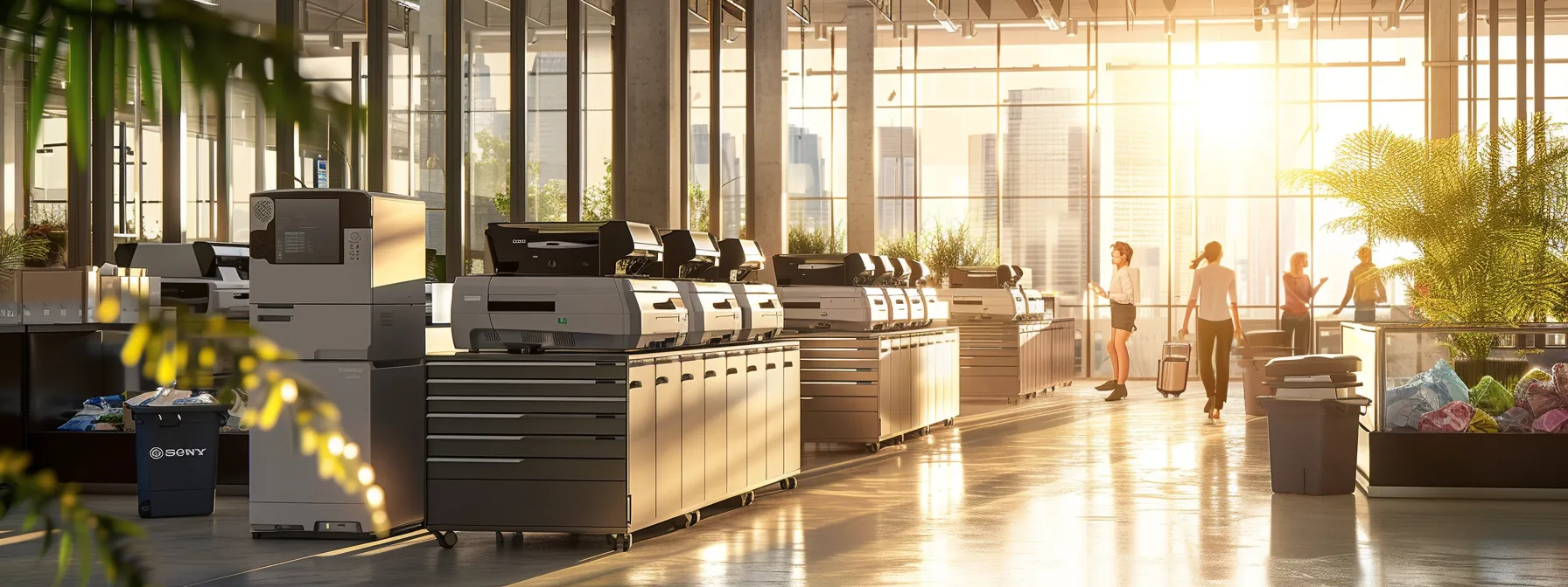 a bustling office environment with sleek, modern sharp copiers buzzing away efficiently, surrounded by smiling employees and bins overflowing with recycling materials.