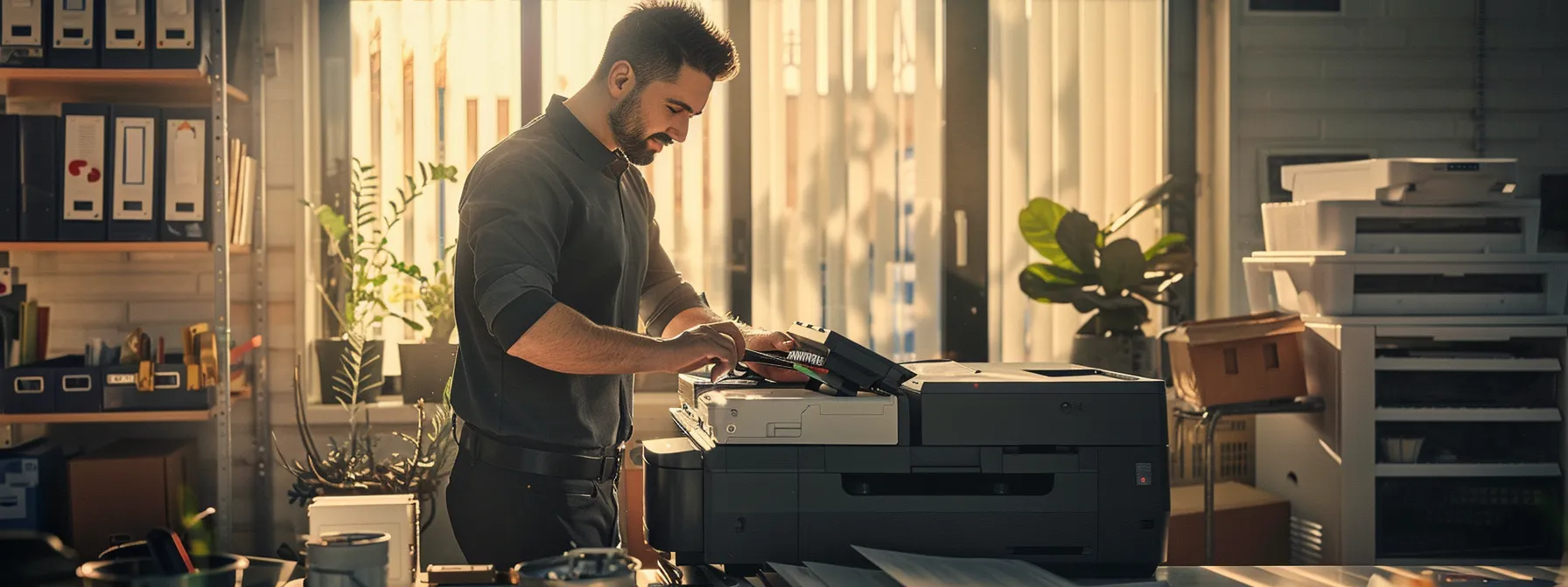 a technician swiftly troubleshoots a sleek, modern office printer with a tool kit in hand, ensuring smooth operations for a smart business.