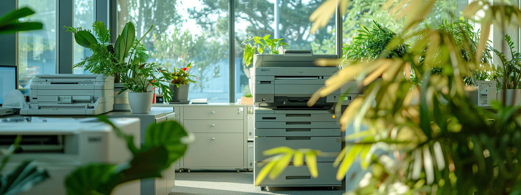 a modern office with sleek sharp copiers, surrounded by lush green plants and recycling bins, promoting a greener workplace.