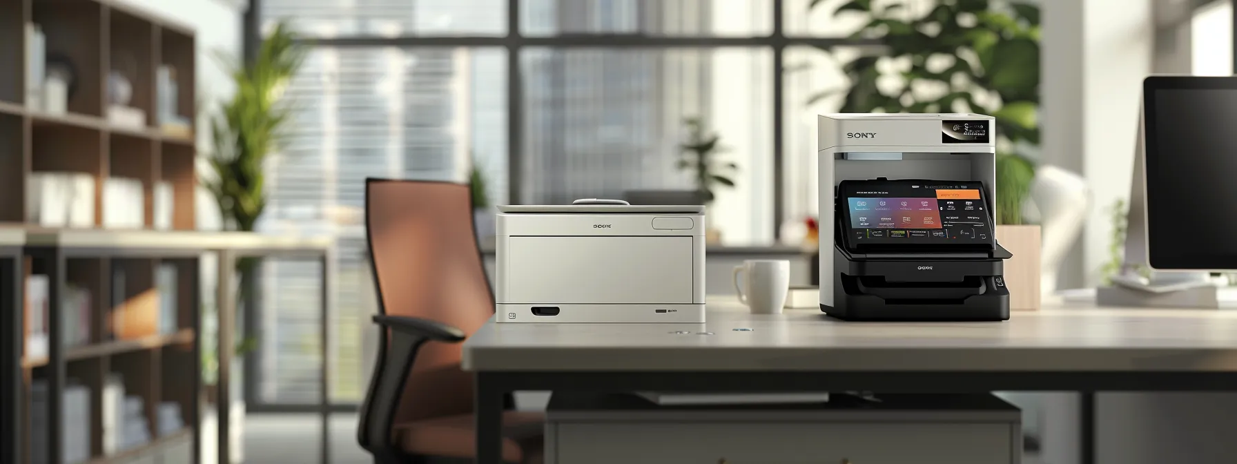 a sleek, modern office desk showcasing a sharp mx series multifunction printer with a vibrant touchscreen display and customizable trays, emphasizing productivity and efficiency in the workplace.