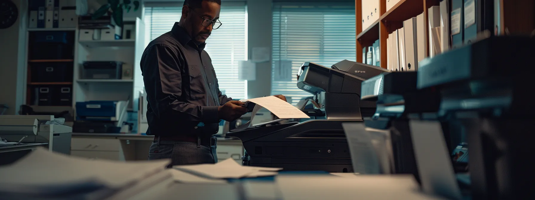 an office manager carefully comparing two sleek sharp copier models, weighing cost efficiency and user reviews to make the best decision for their business needs.