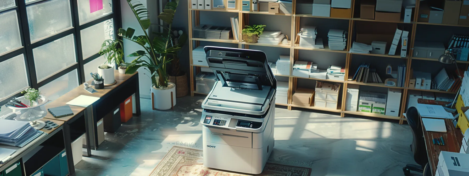 a sleek and modern sharp mx-c304w copier in a small office space, surrounded by essential office supplies and a bustling work environment.