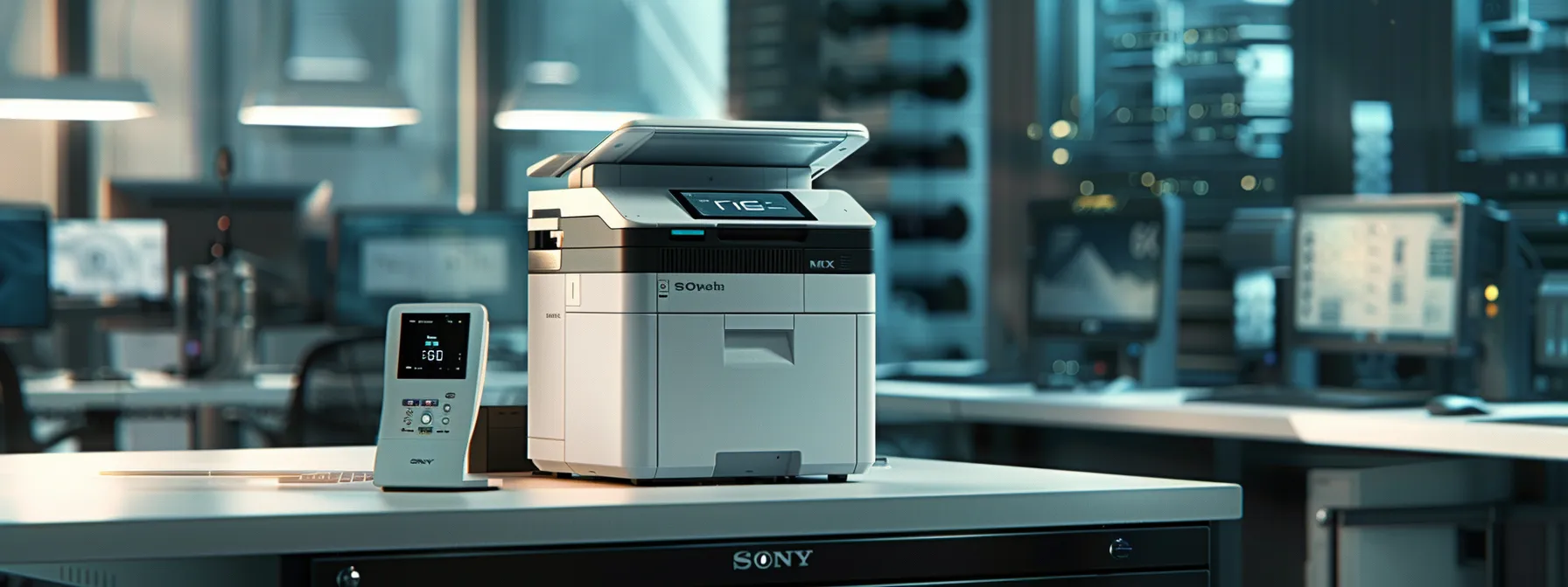 a sleek and modern sharp mx series printer with advanced security features, surrounded by a network of computers and servers in a secure office environment.