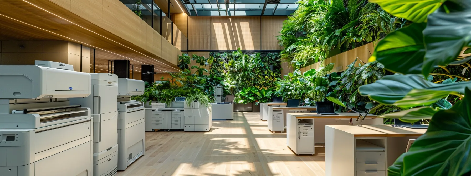 a modern office with sleek, energy-efficient printers surrounded by recycling bins and lush green plants, emphasizing environmental sustainability.