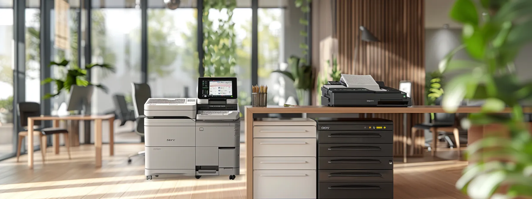 a sleek and modern sharp copier in a bustling office setting, with advanced features like adaptability to various paper sizes and enhanced security protocols, standing out against competitors like kyocera and lexmark.