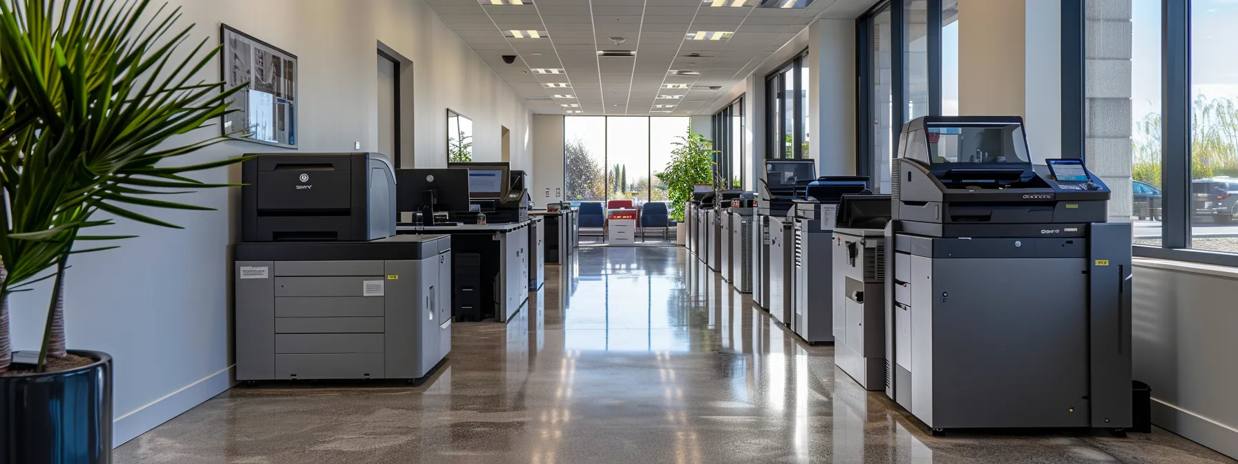 a sleek office space featuring a row of high-tech printers, showcasing the flexibility of lease agreements for business growth and adaptation.