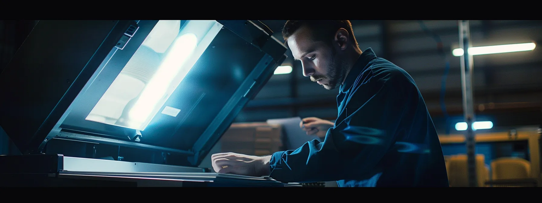 a technician performing routine maintenance on a sleek, high-tech sharp copier to ensure optimal performance and longevity.