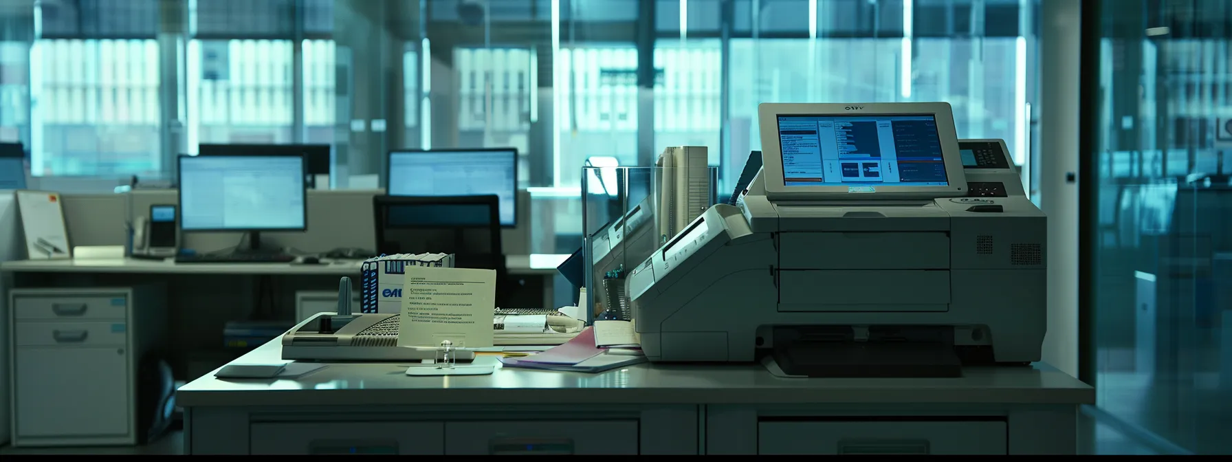 a sleek, modern sharp copier sitting in a busy office space, with various devices seamlessly connected and a digital security lock displayed on its touchscreen.