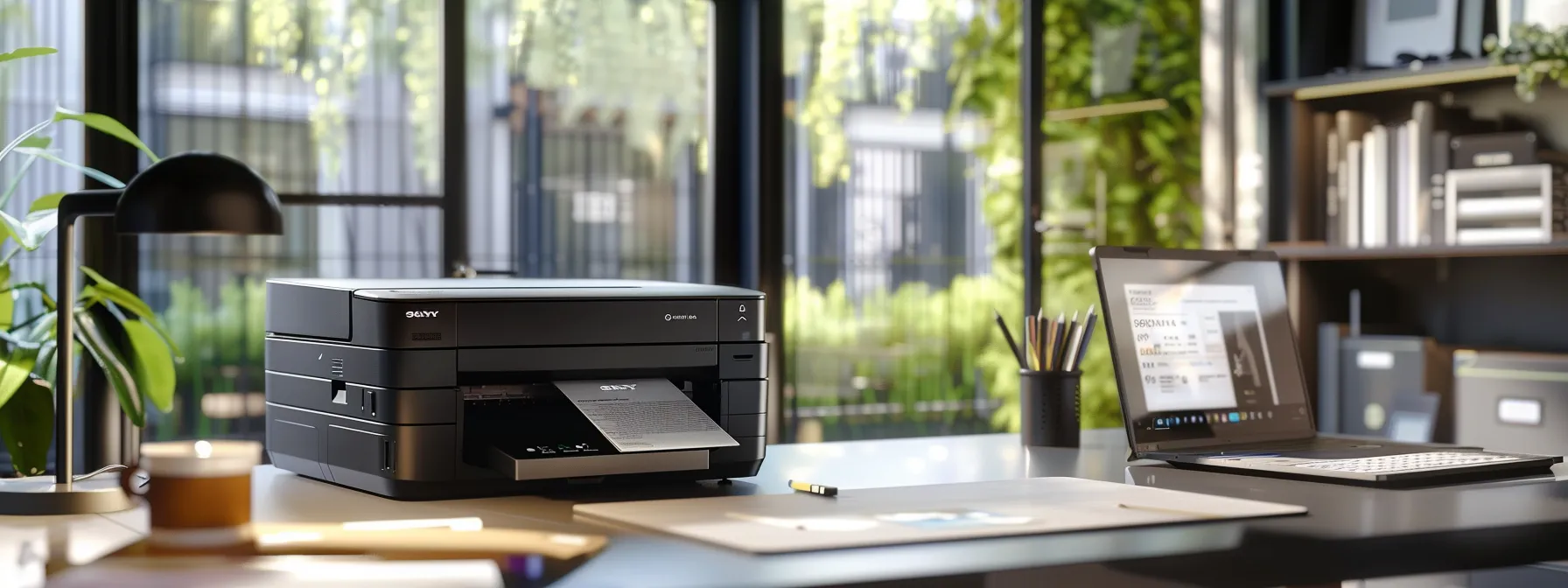 a sleek and modern office printer, showcasing advanced printing technology in a streamlined workspace.